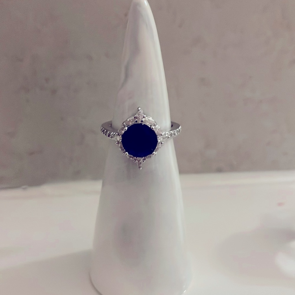 Royal Blue Sapphire Crystal Halo Silver Band Costume Jewelry Ring Size 6